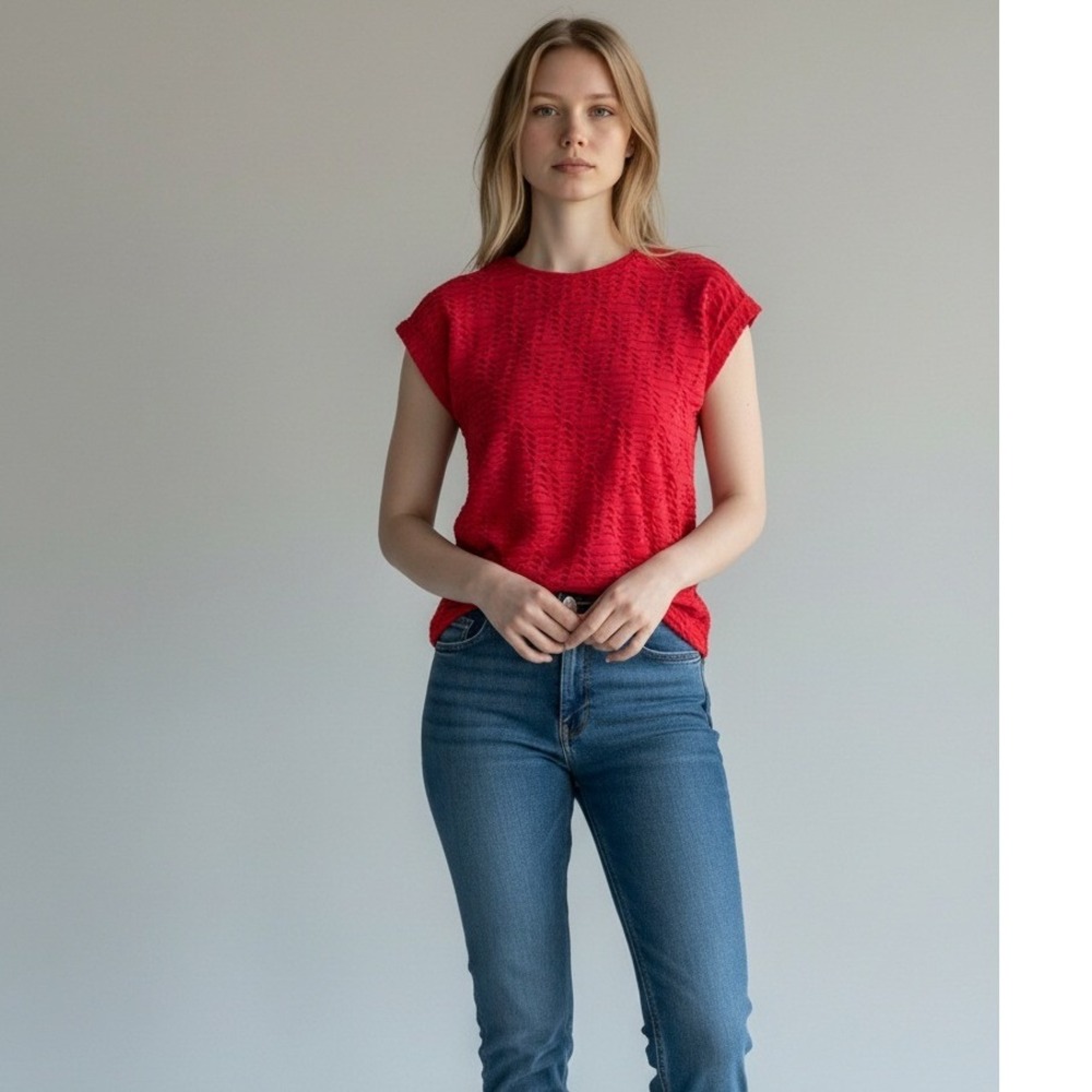 Calvin Klein Blouse‎ Coral Textured Cap Sleeves Casual Basic Small Modern Chic